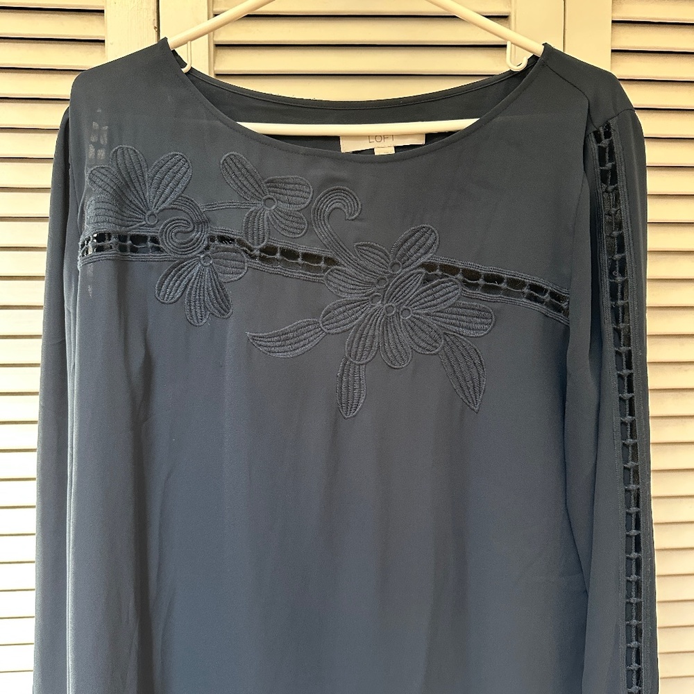 Loft Long Sleeve Navy Blue Blouse Embellished Front and Sleeves Size L